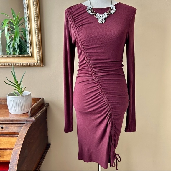 Lovers and Friends Venetian Dress Ribbed Burgundy Bodycon Long Sleeve Ruched M - Picture 2 of 13